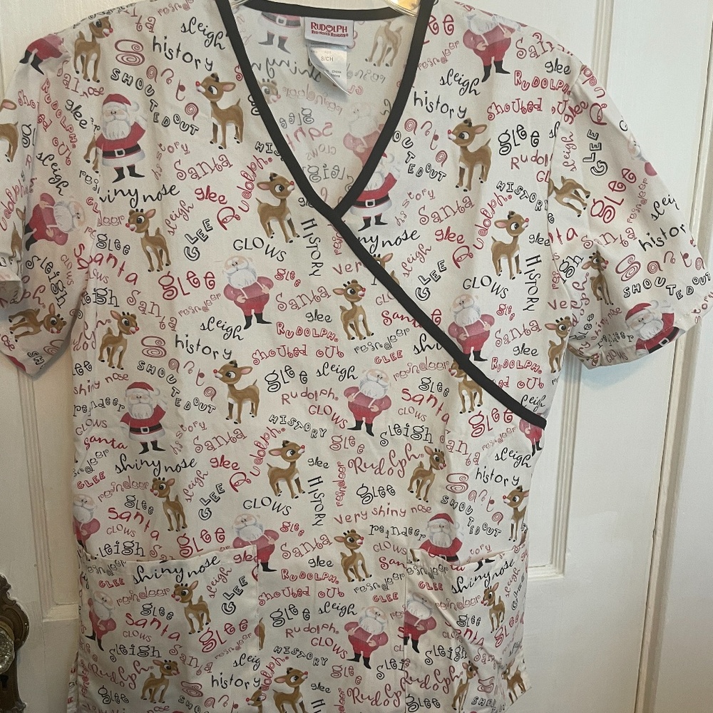 Rudolph Red Nosed Reindeer Scrub Top V Neck Front Pockets Christmas Size Small